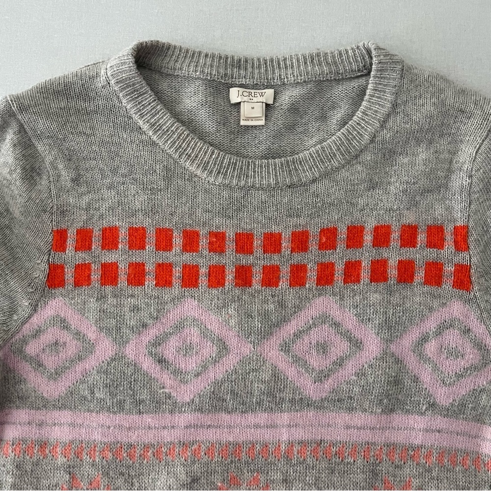 J.CREW Grey Pink & Orange Geometric Pattern Woman Merino Wool Blend Sweater Warm - Picture 7 of 7